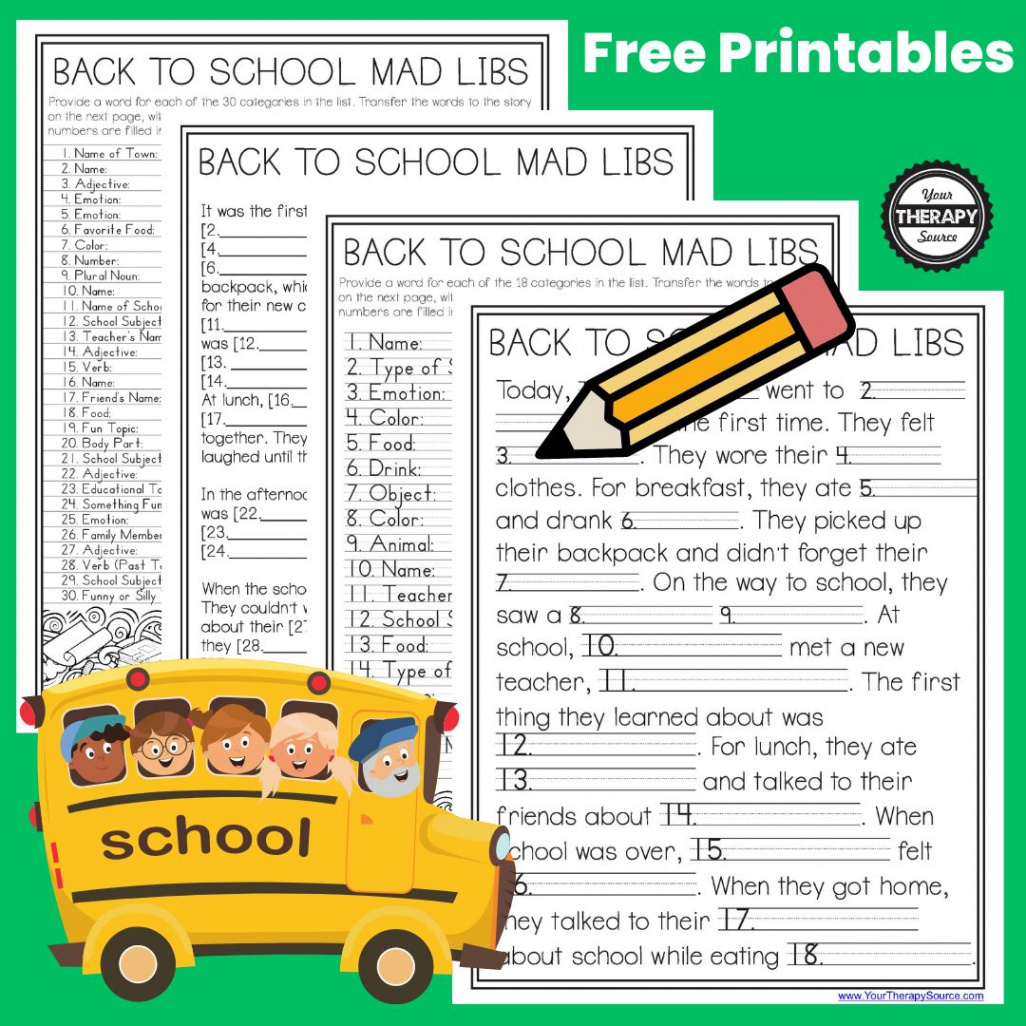 Back to School Mad Libs - Free - Your Therapy Source