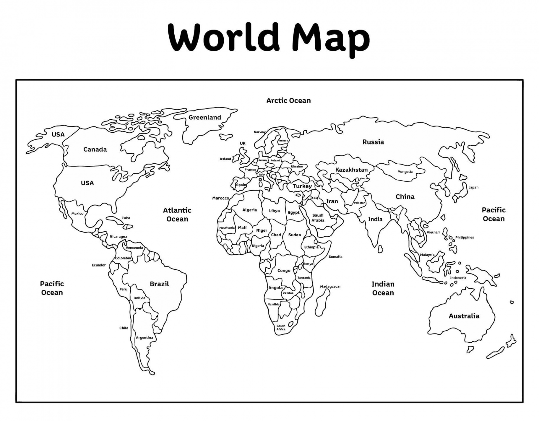 Black and White World Map Labeled Countries in   World map