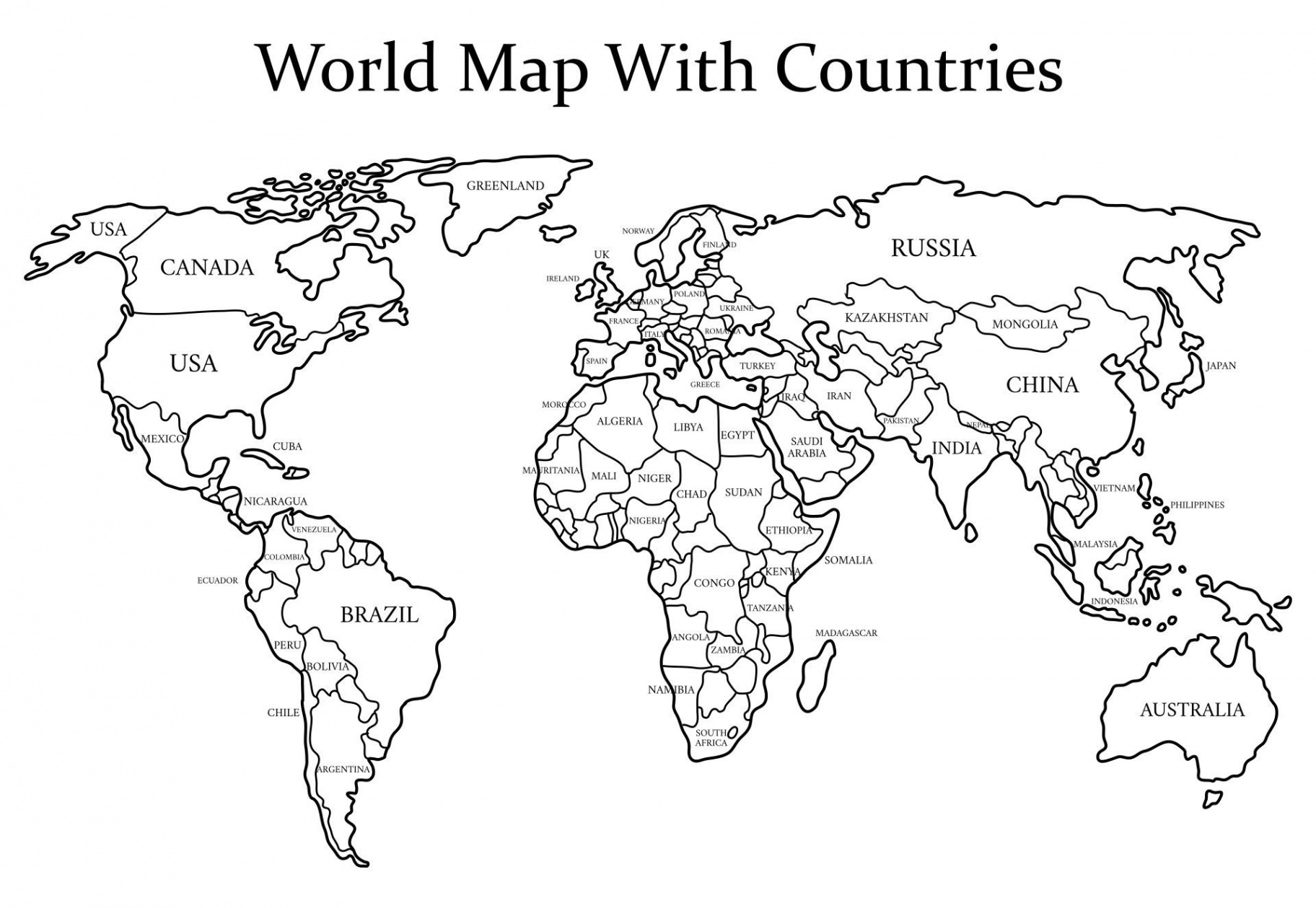 Black and White World Map with Countries  World map printable