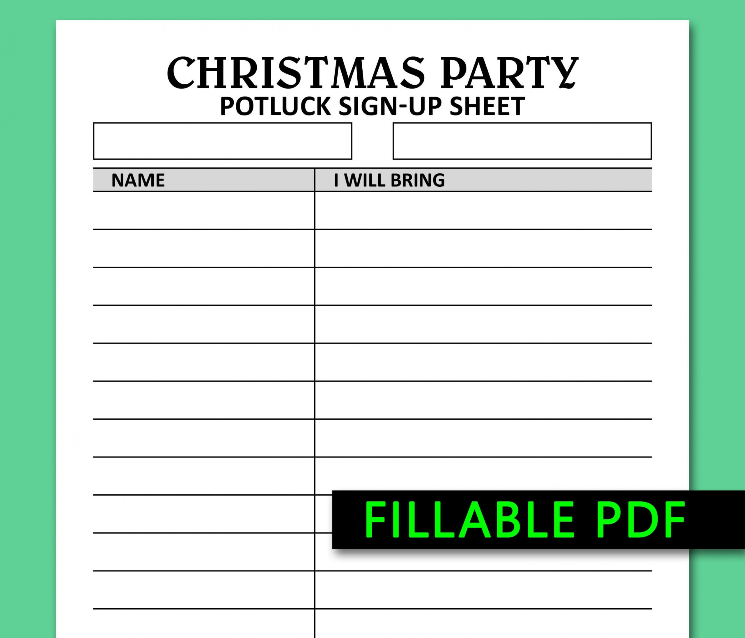 Christmas Party Potluck Sign up Sheet Printable Fillable PDF