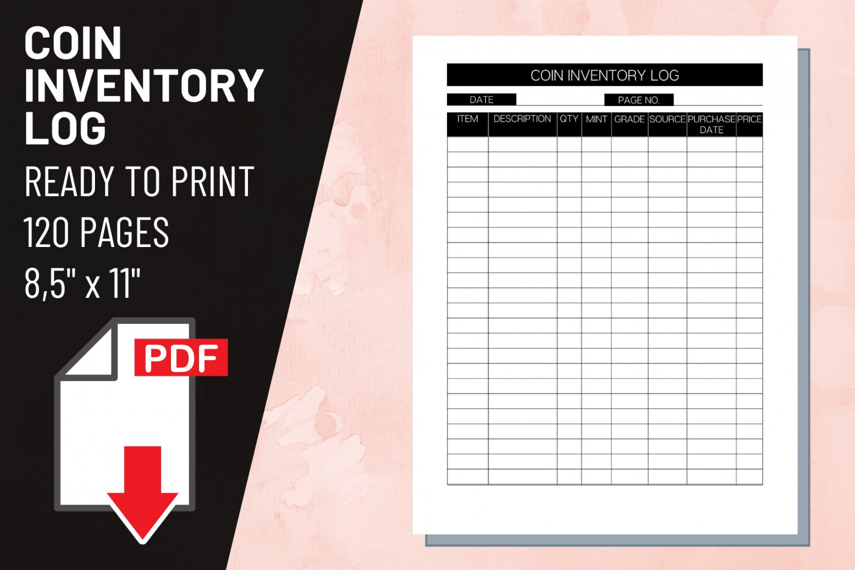 Coin Inventory Log Printable Sheet Insert