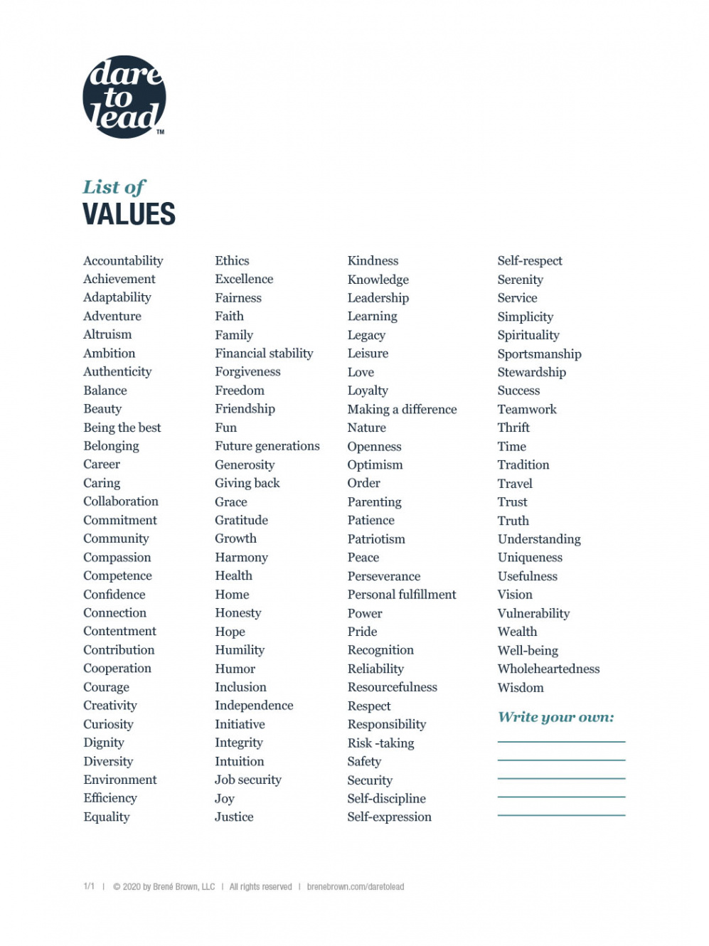 Dare to Lead  List of Values - Brené Brown