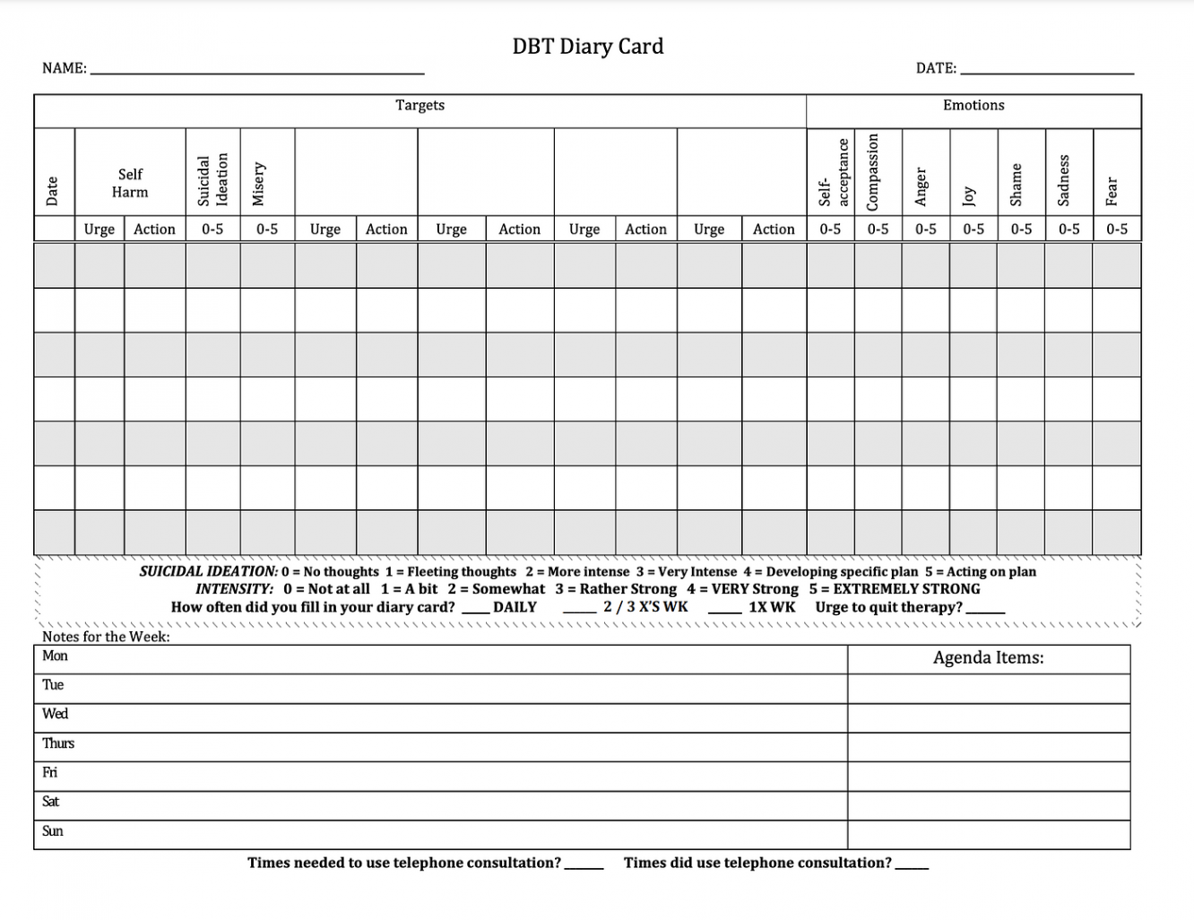 DBT Diary Card Template  Mentally Fit Pro