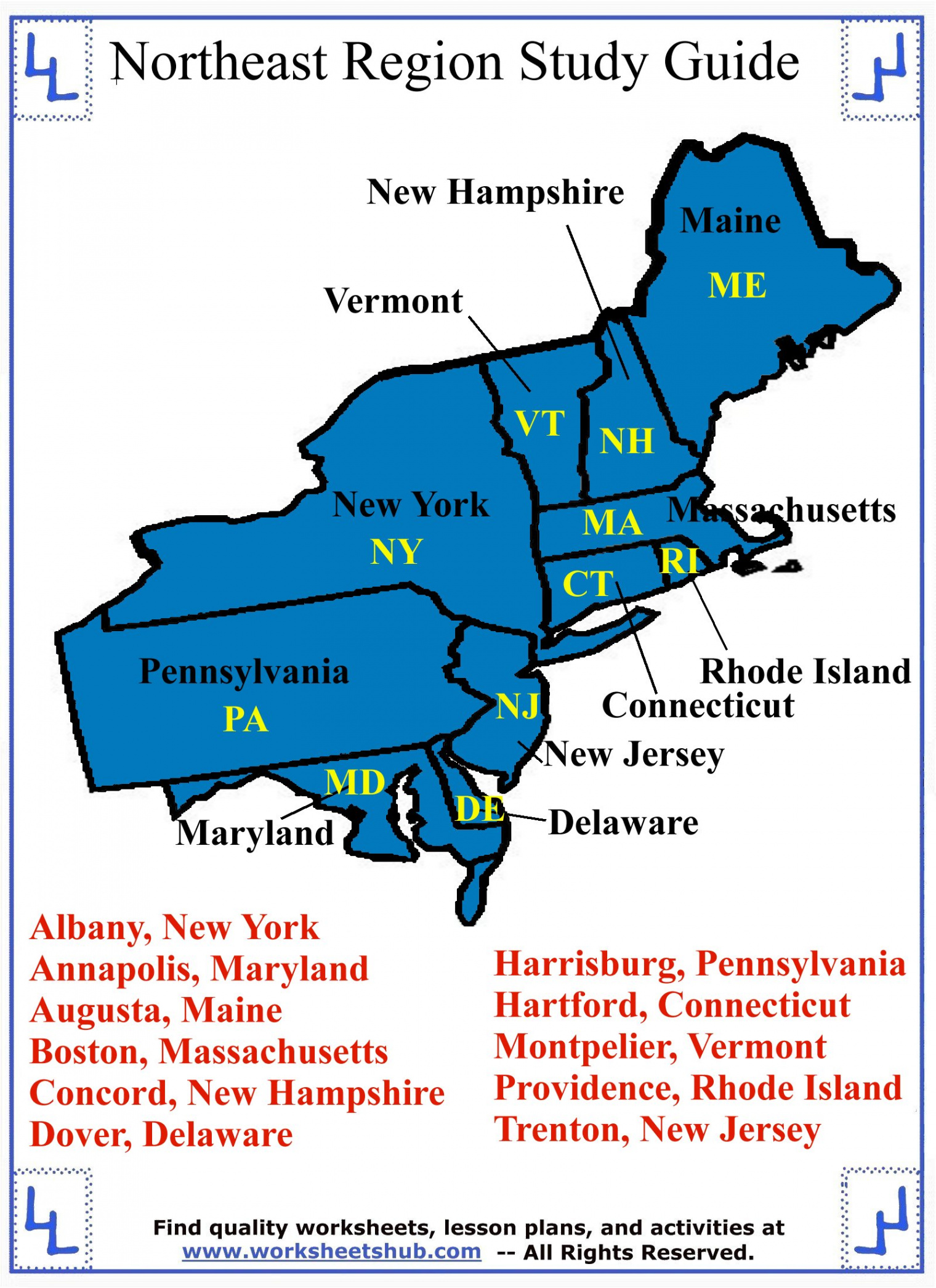 Fourth Grade Social Studies - Northeast Region States and Capitals