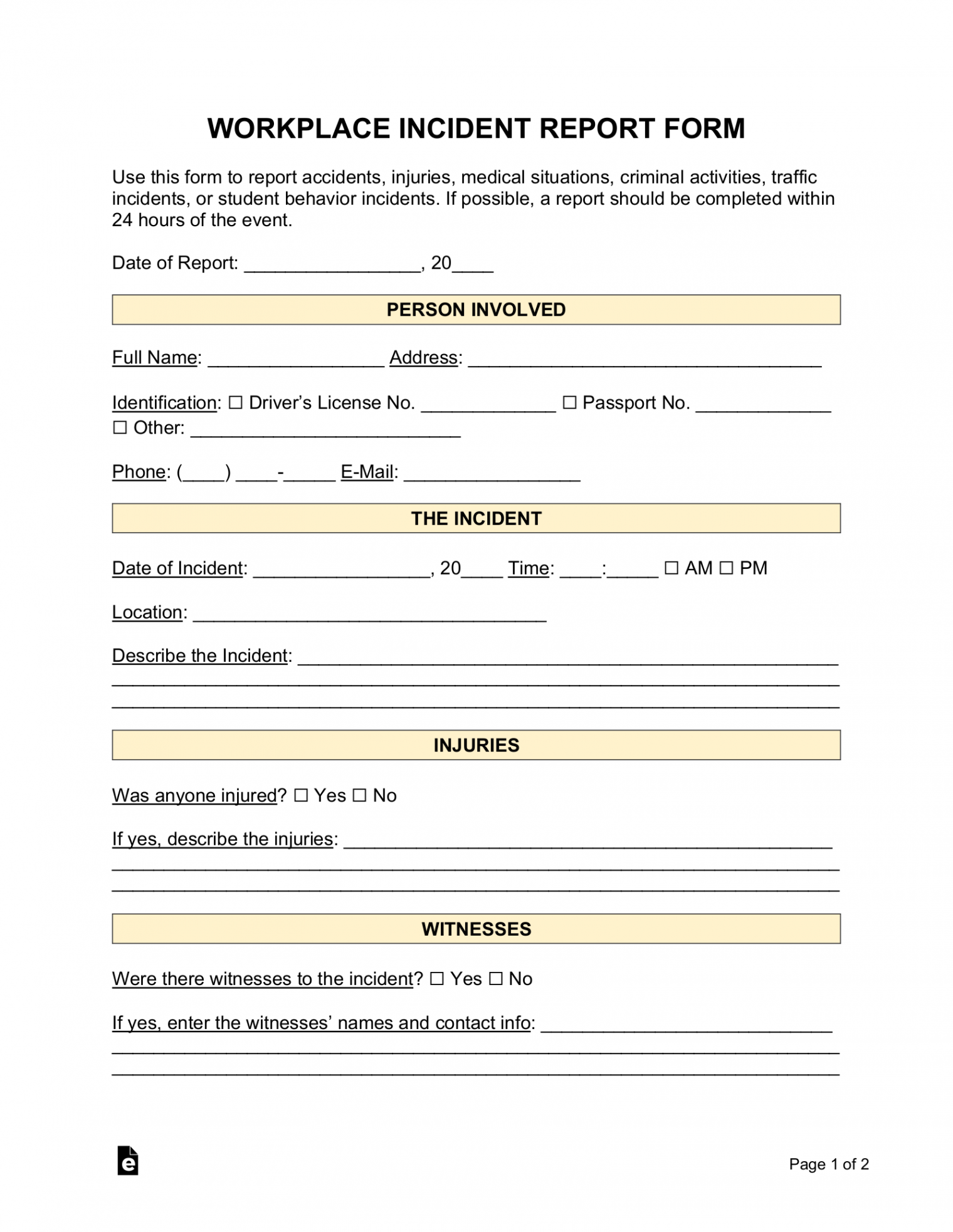 Free Incident Report Templates ()  Sample - PDF  Word – eForms