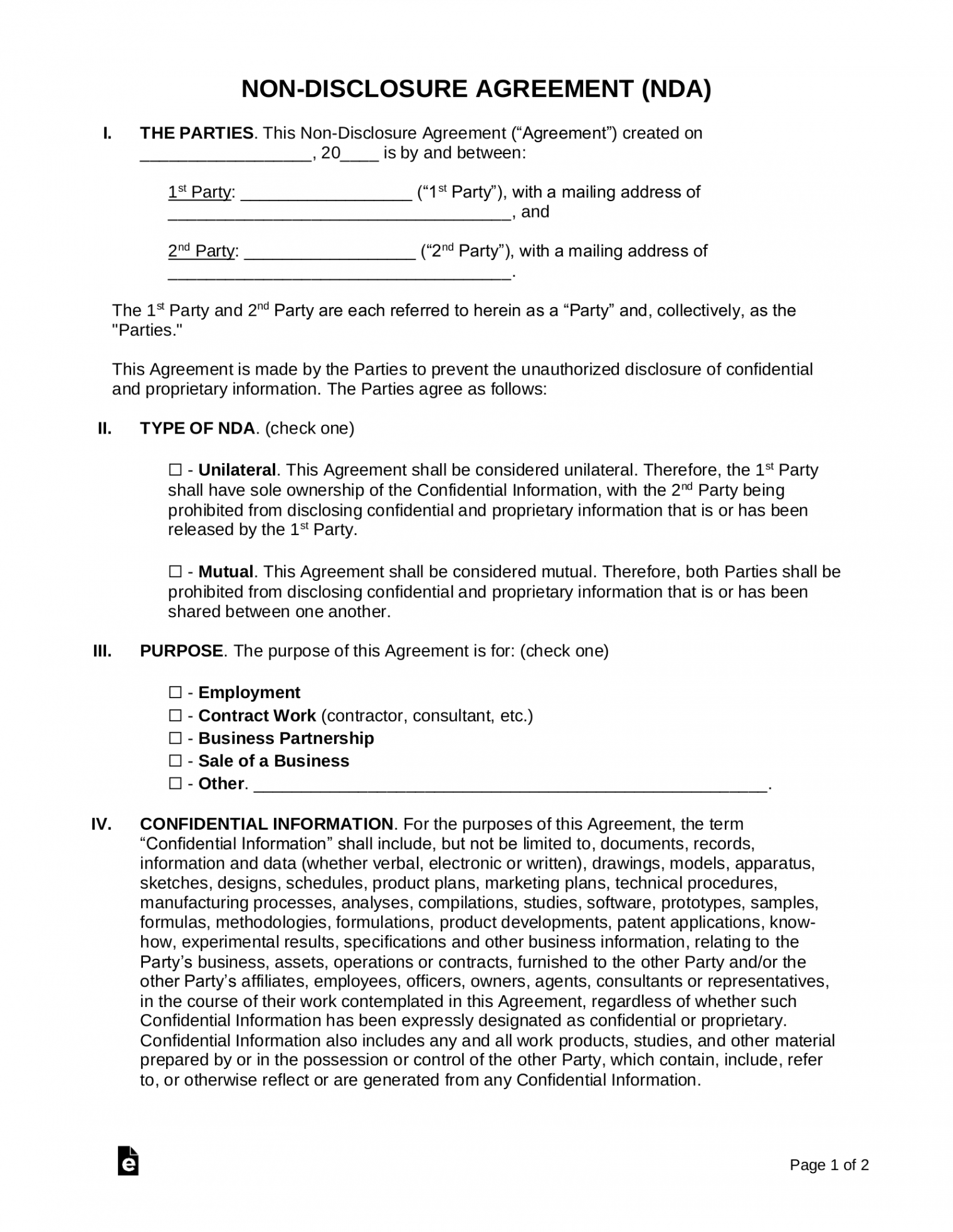 Free Non-Disclosure Agreement (NDA) Templates () - PDF  Word