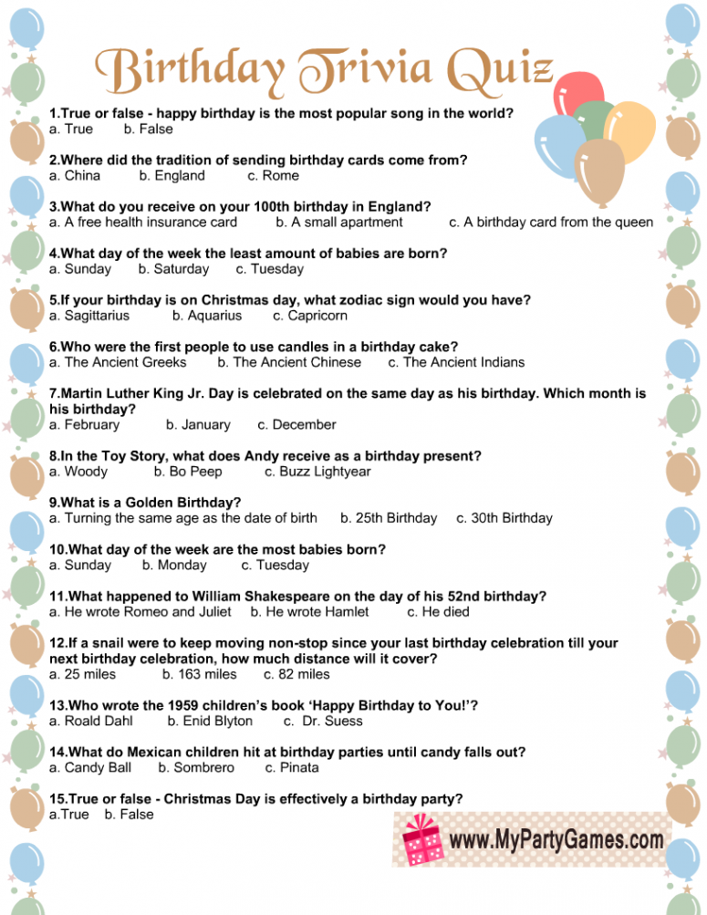 Free Printable Birthday Trivia Quiz with Answer Key in