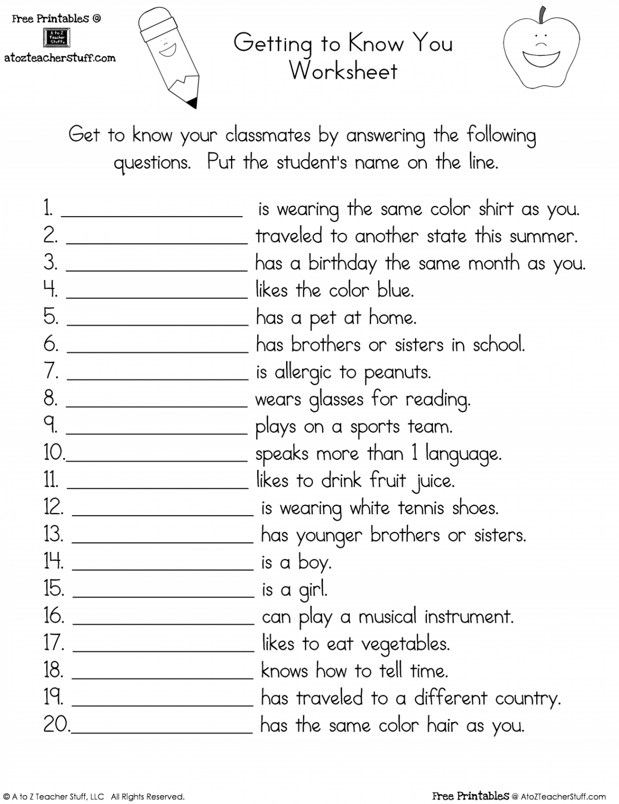 Getting to Know You Worksheet  A to Z Teacher Stuff Printable