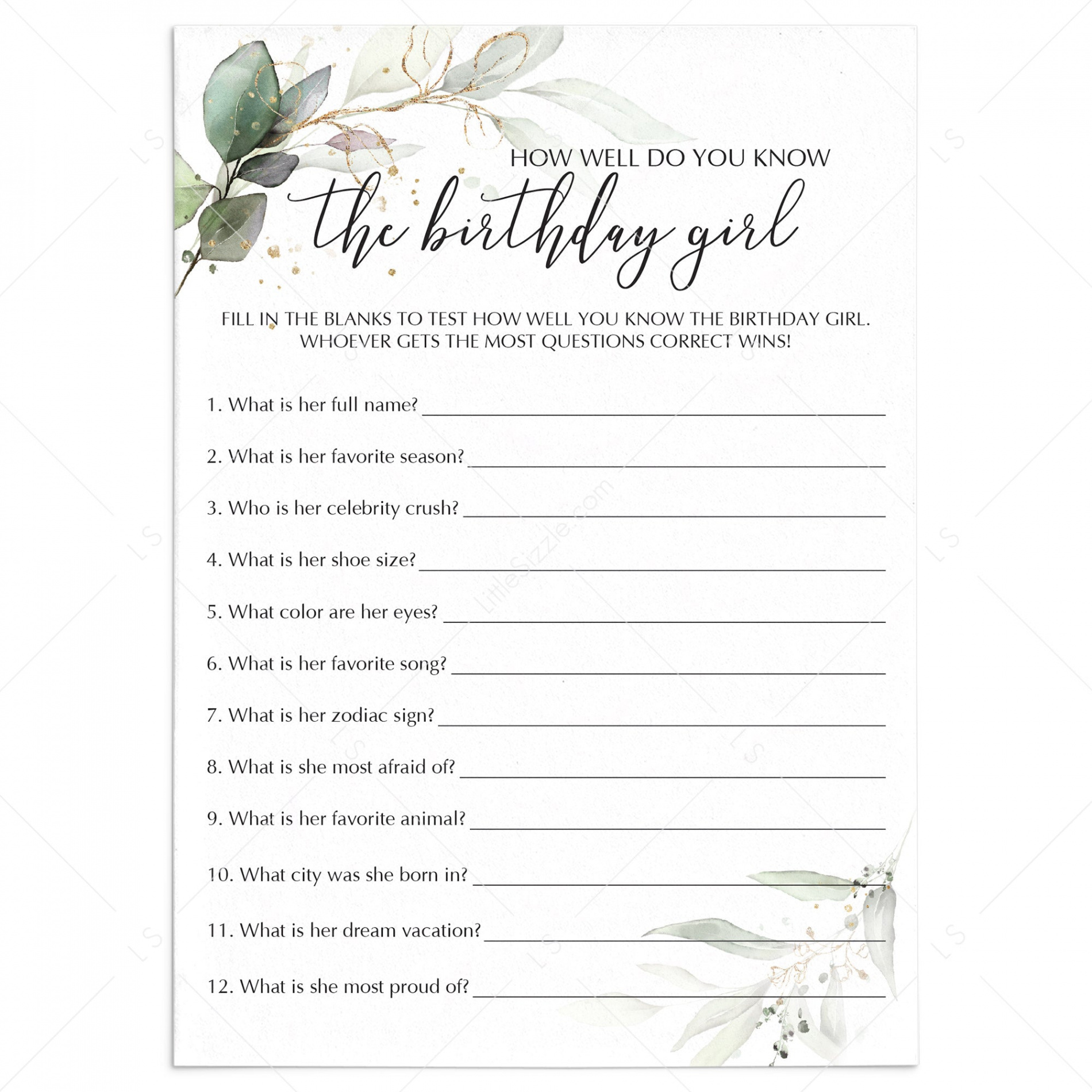 Greenery Birthday Trivia Quiz Printable  How Well Do You Know The