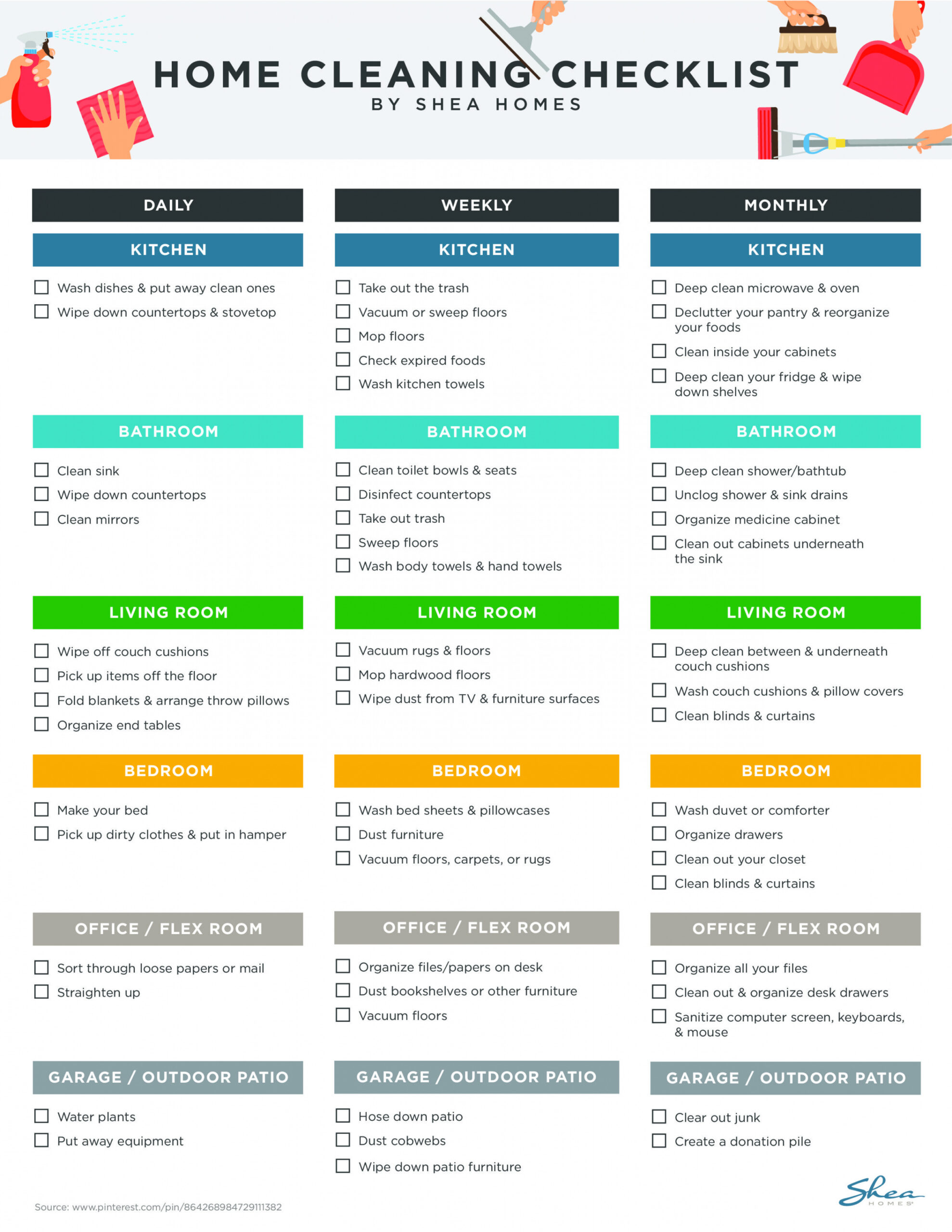 Home Cleaning Checklist - Daily, Weekly, Monthly  Cleaning