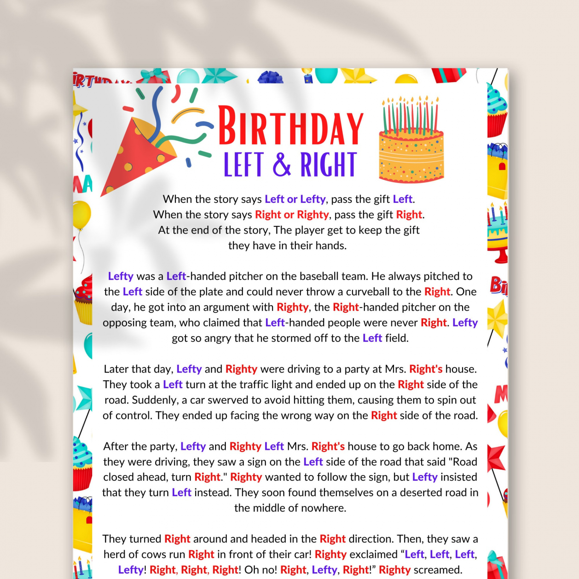 Left Right Game Left Right Birthday Game Printable Funny - Etsy