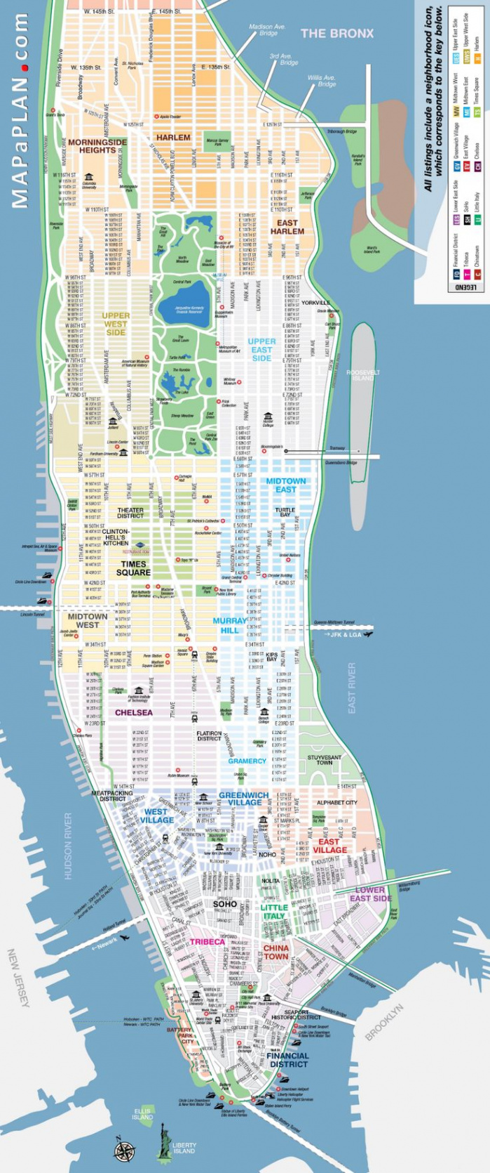 Manhattan streets and avenues must-see places - New York map  Map