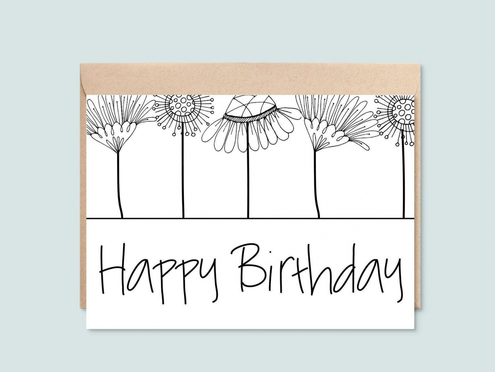 Printable Happy Birthday Card Black and White Floral Line - Etsy