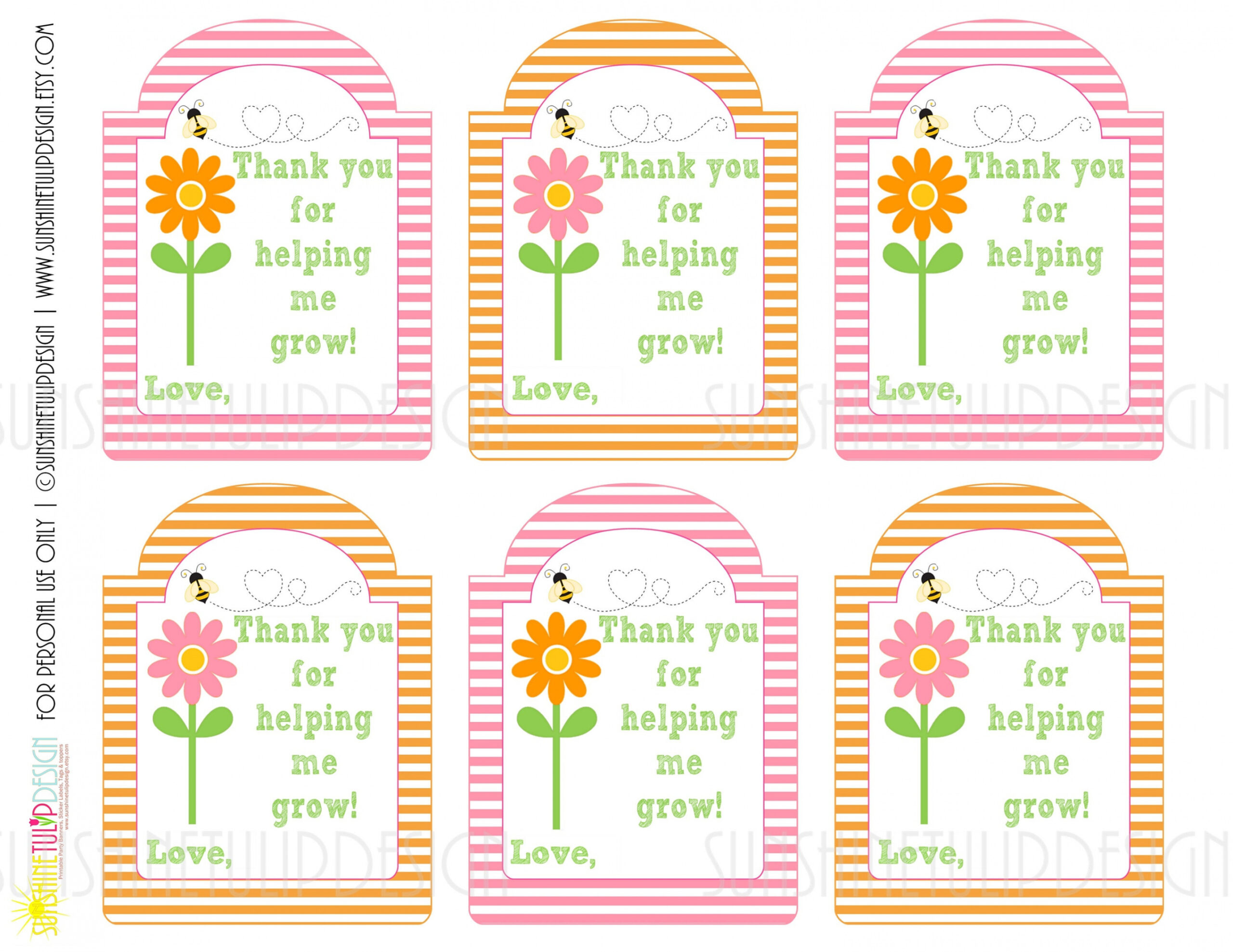 Printable Teacher Appreciation Gift Tags, Thank you for helping me Grow  Gift Tags, Pink and Orange Stripe Gift Tags by SUNSHINETULIPDESIGN