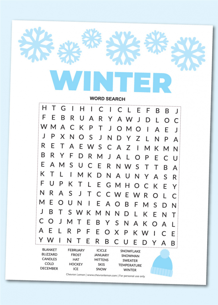 Printable winter word search - Chevron Lemon