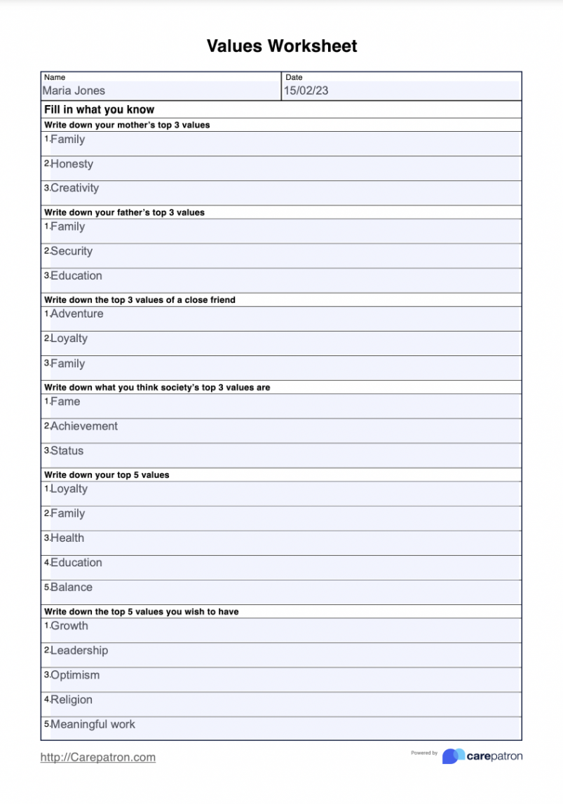 Values Worksheet & Example  Free PDF Download