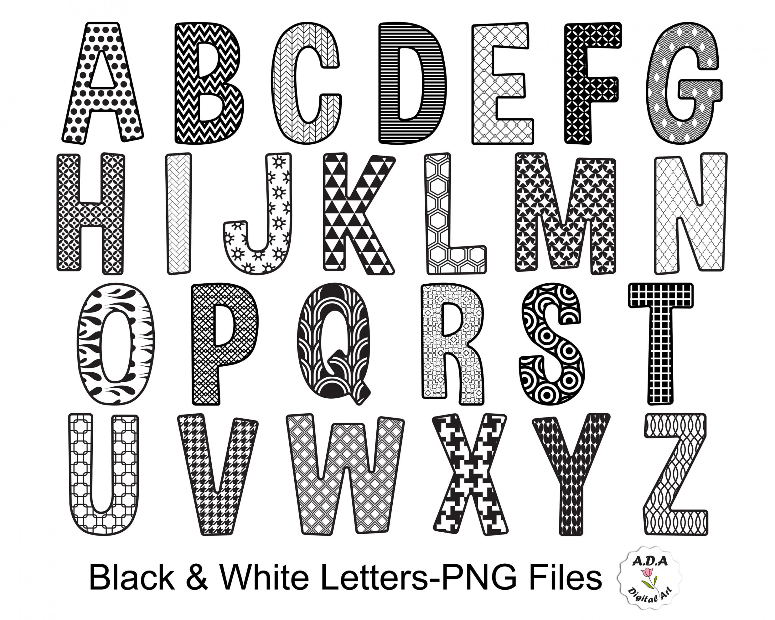 Alphabet clipart, black and white Alphabet letters clip art, black pattern  letters, digital Alphabet, letters clipart, commercial use