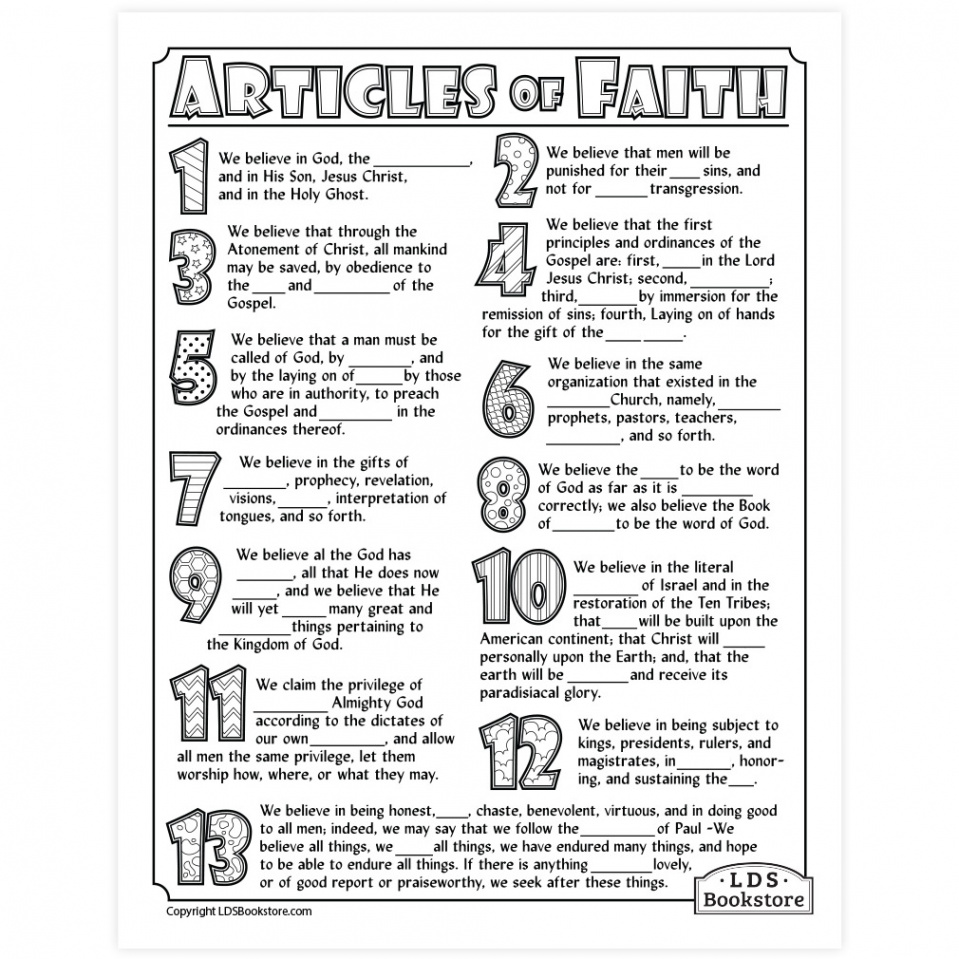 Articles of Faith Coloring & Activity Page - Printable