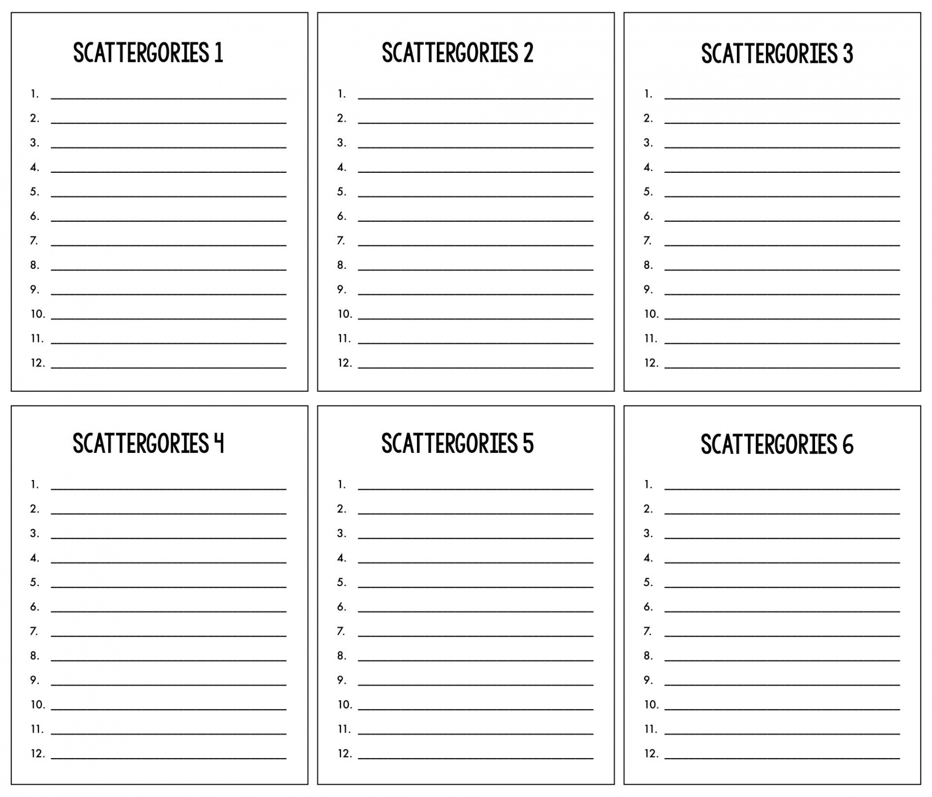 Blank Scattergories Answer Sheets Printable  Scattergories