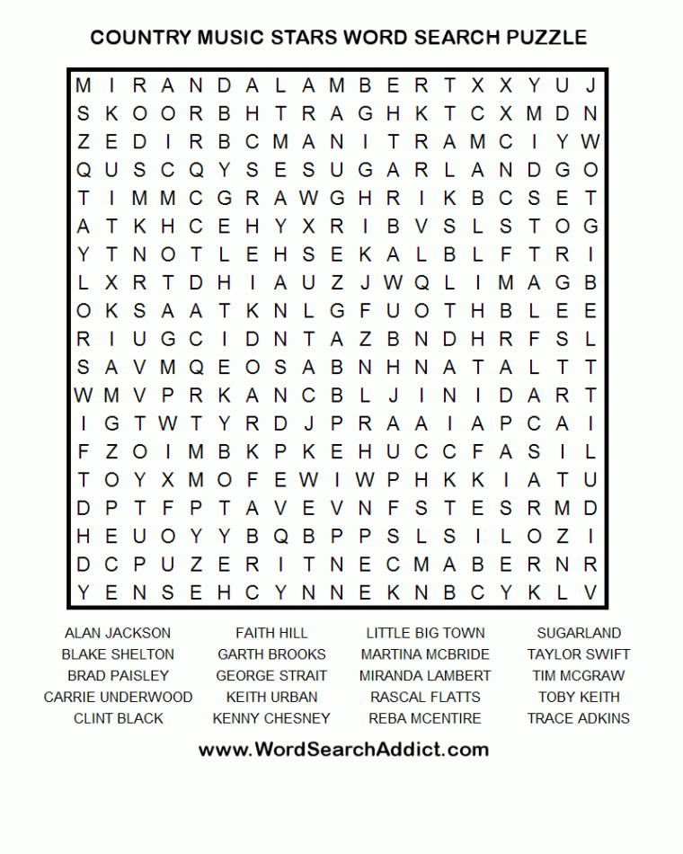 Country Music Stars Printable Word Search Puzzle  Word search