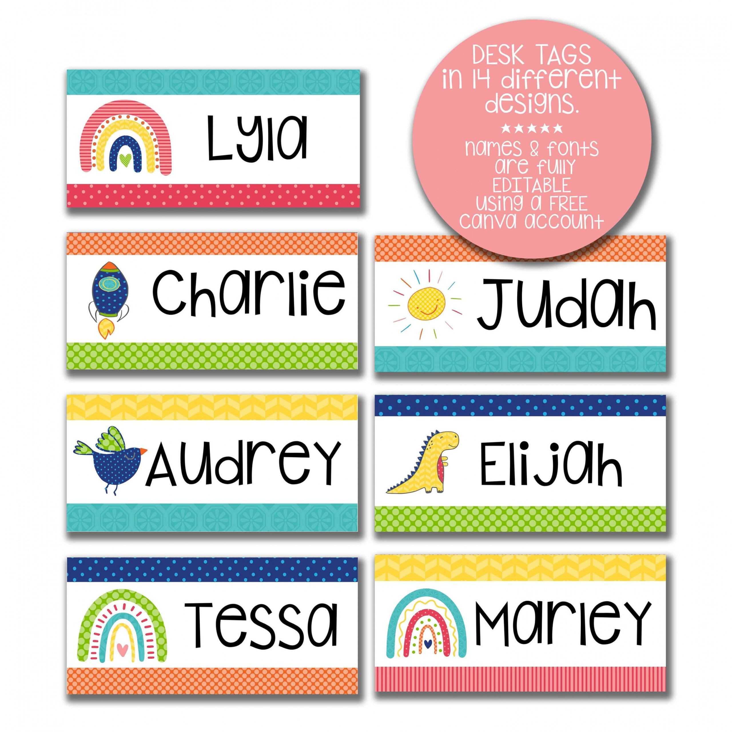 Editable Desk Name Labels, Name Plates, Instant Downloads, Bright