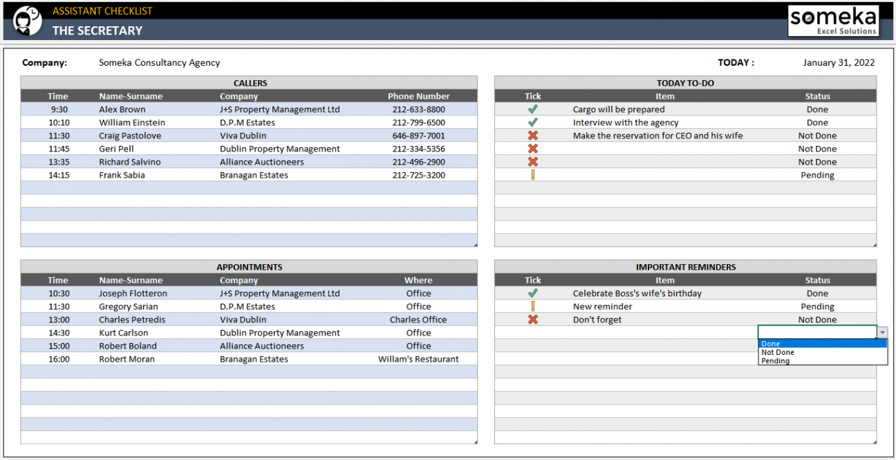 Executive Assistant Daily Checklist in Excel  Printable Spreadsheet