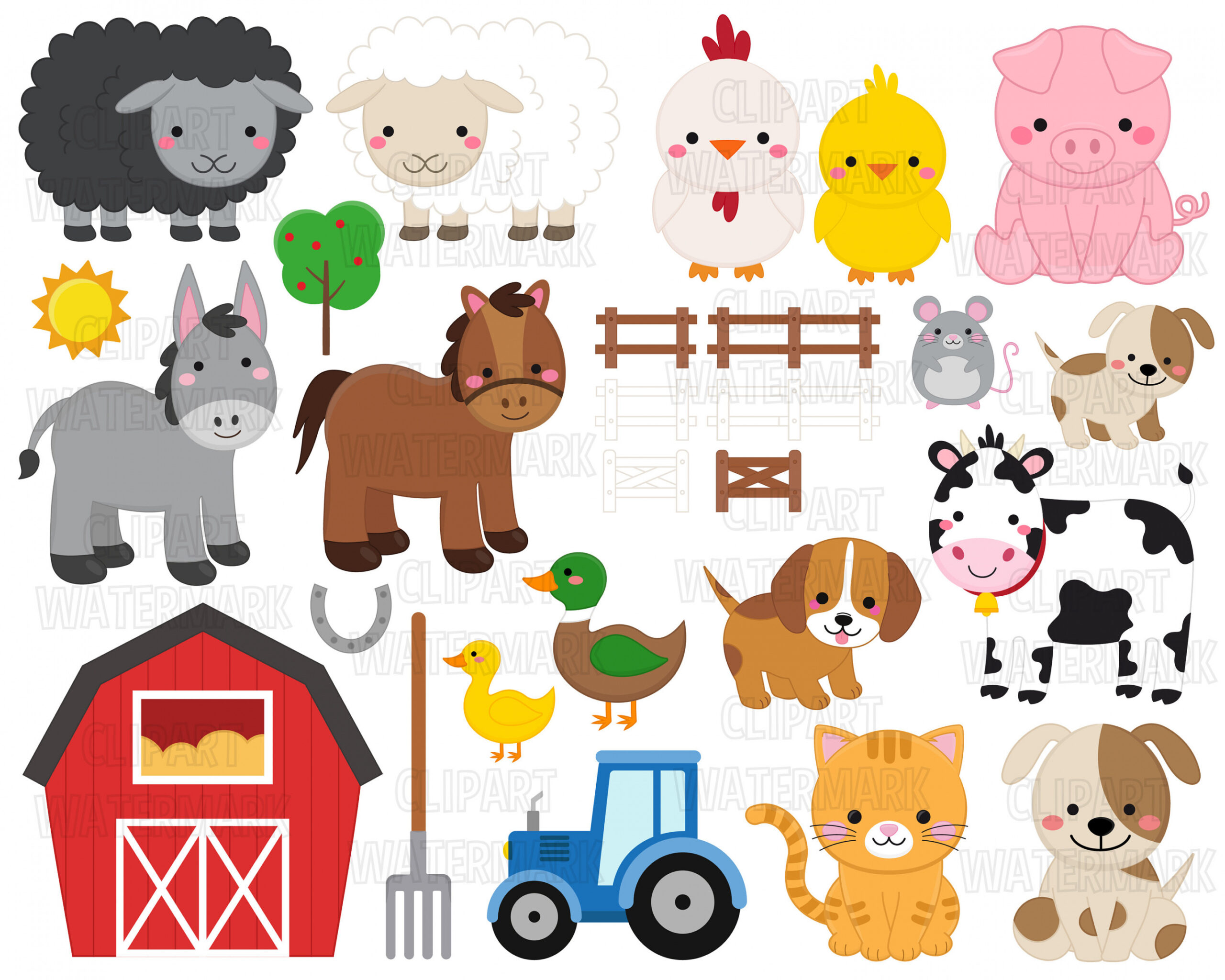 Farm Animals Clipart Cow Horse Chicken Duck Dog Cat - Etsy