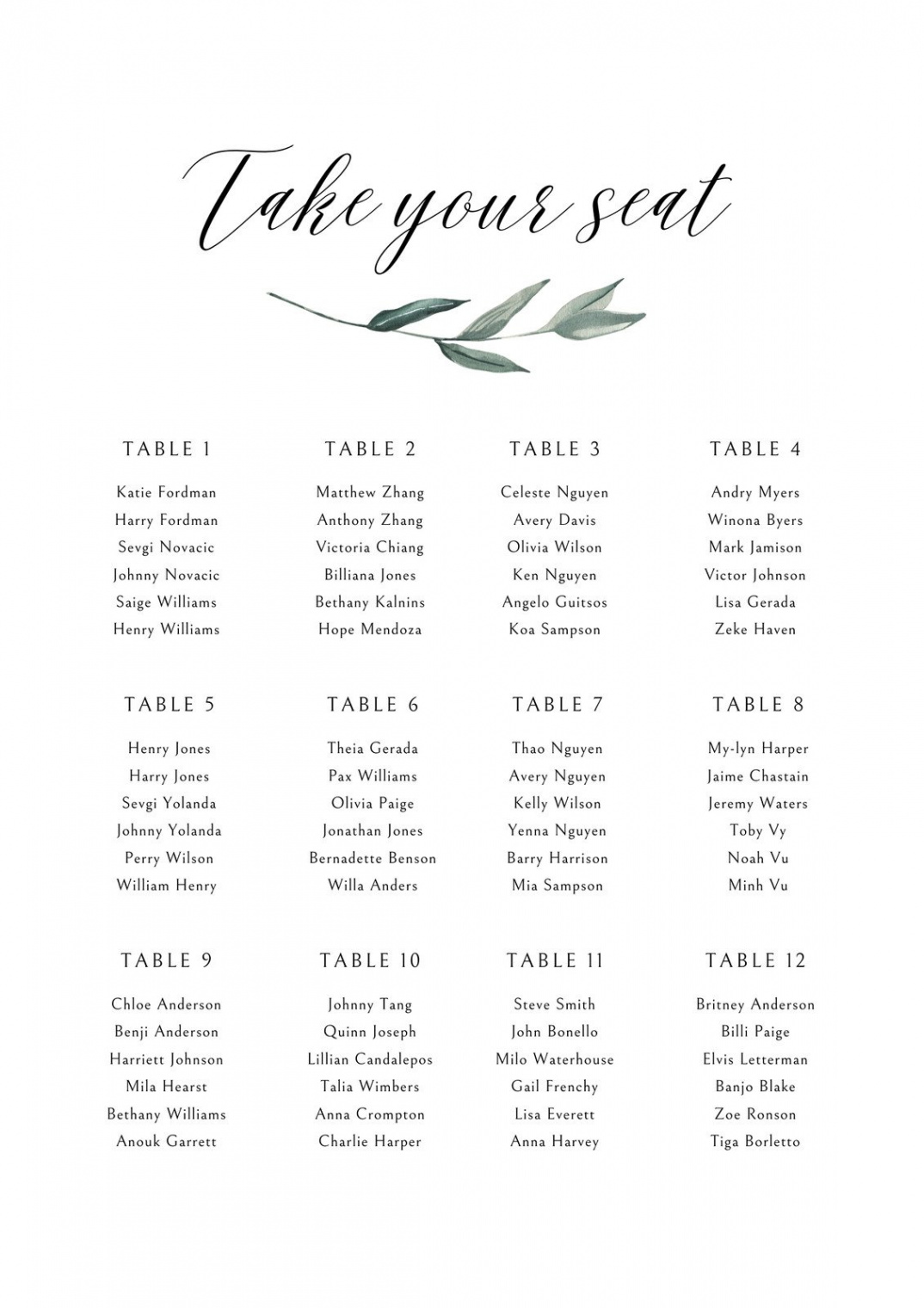 Free custom printable seating chart templates  Canva