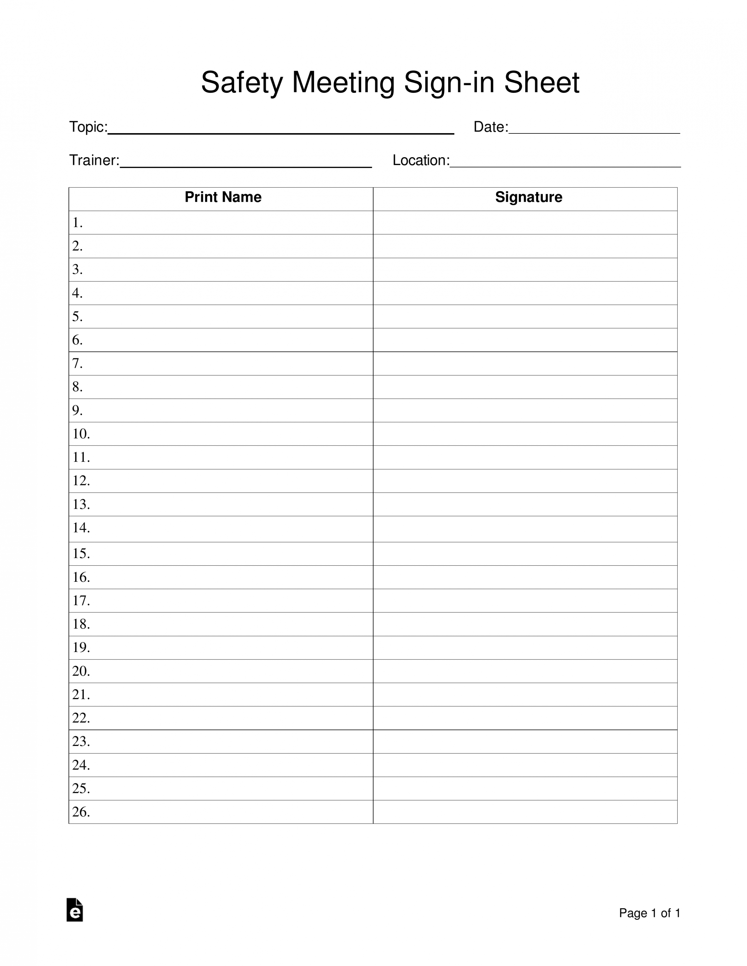 Free Safety Meeting Sign-in Sheet Template - PDF  Word – eForms