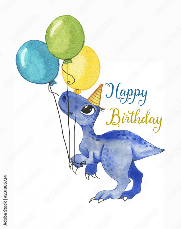 Hand drawn watercolor illustration of cute cartoon dinosaur with