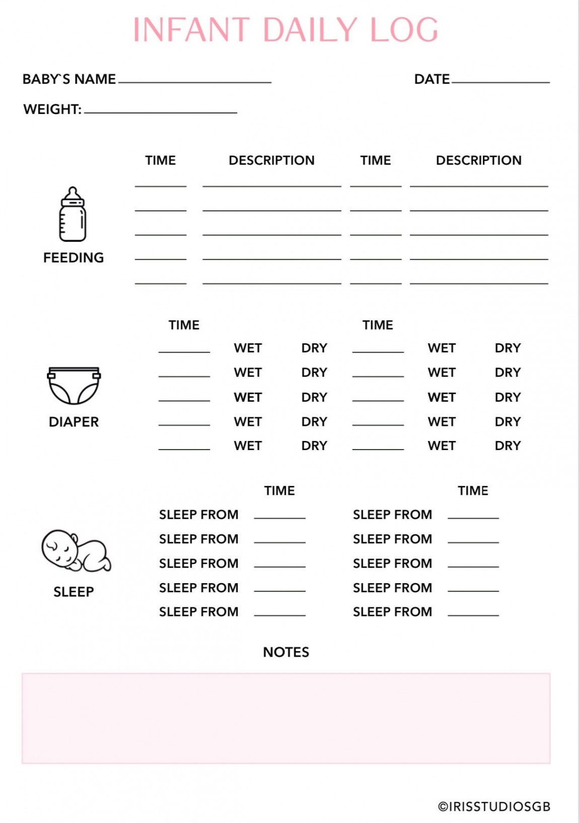 Infant Daily Log Printable  Baby Sleep Log Daily Baby Log  Infant Daily  report  Newborn Log  Compatible with Goodnotes, Notability etc