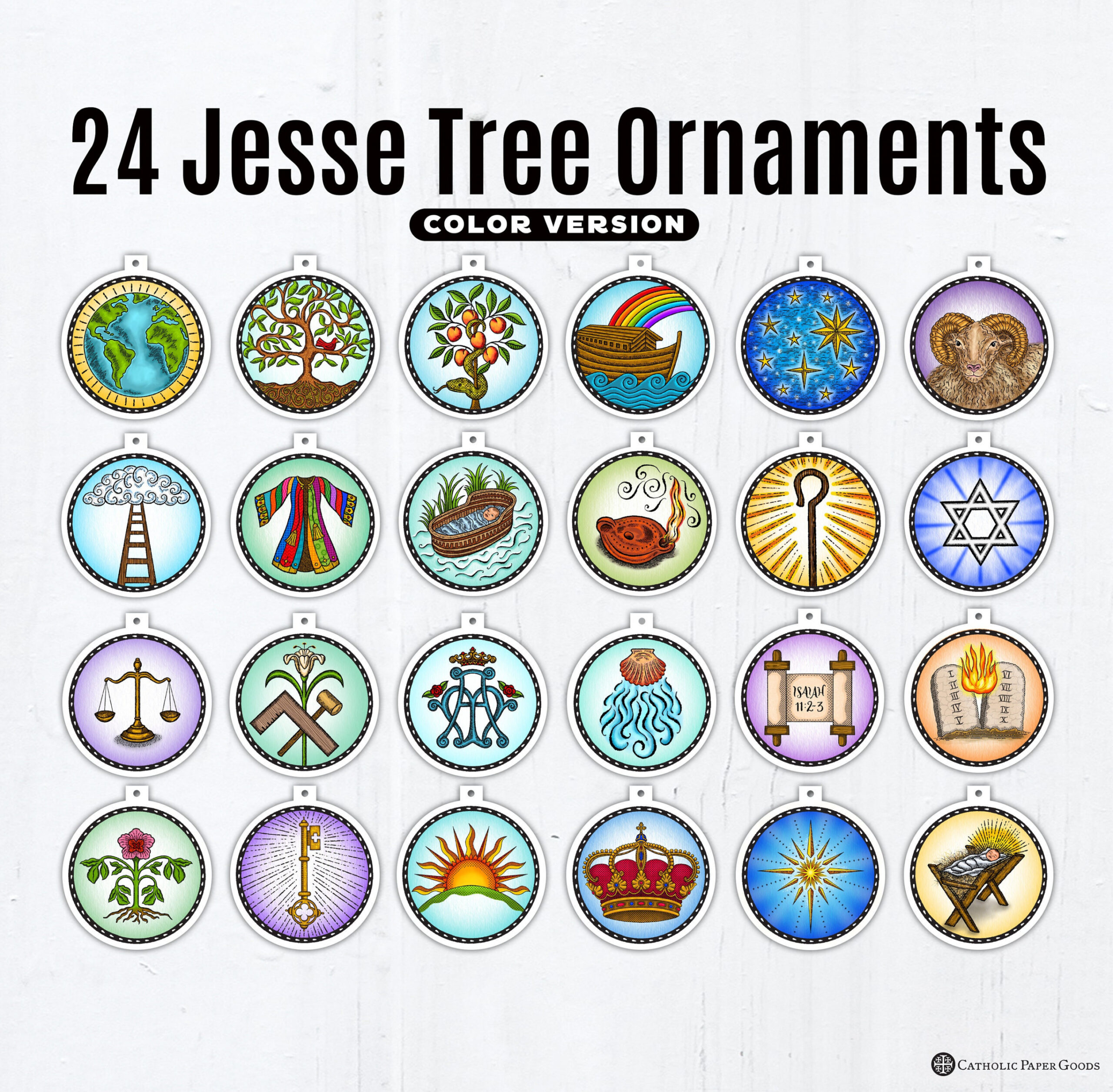 Jesse Tree Printable Color Ornaments PDF, Full Color Ornaments