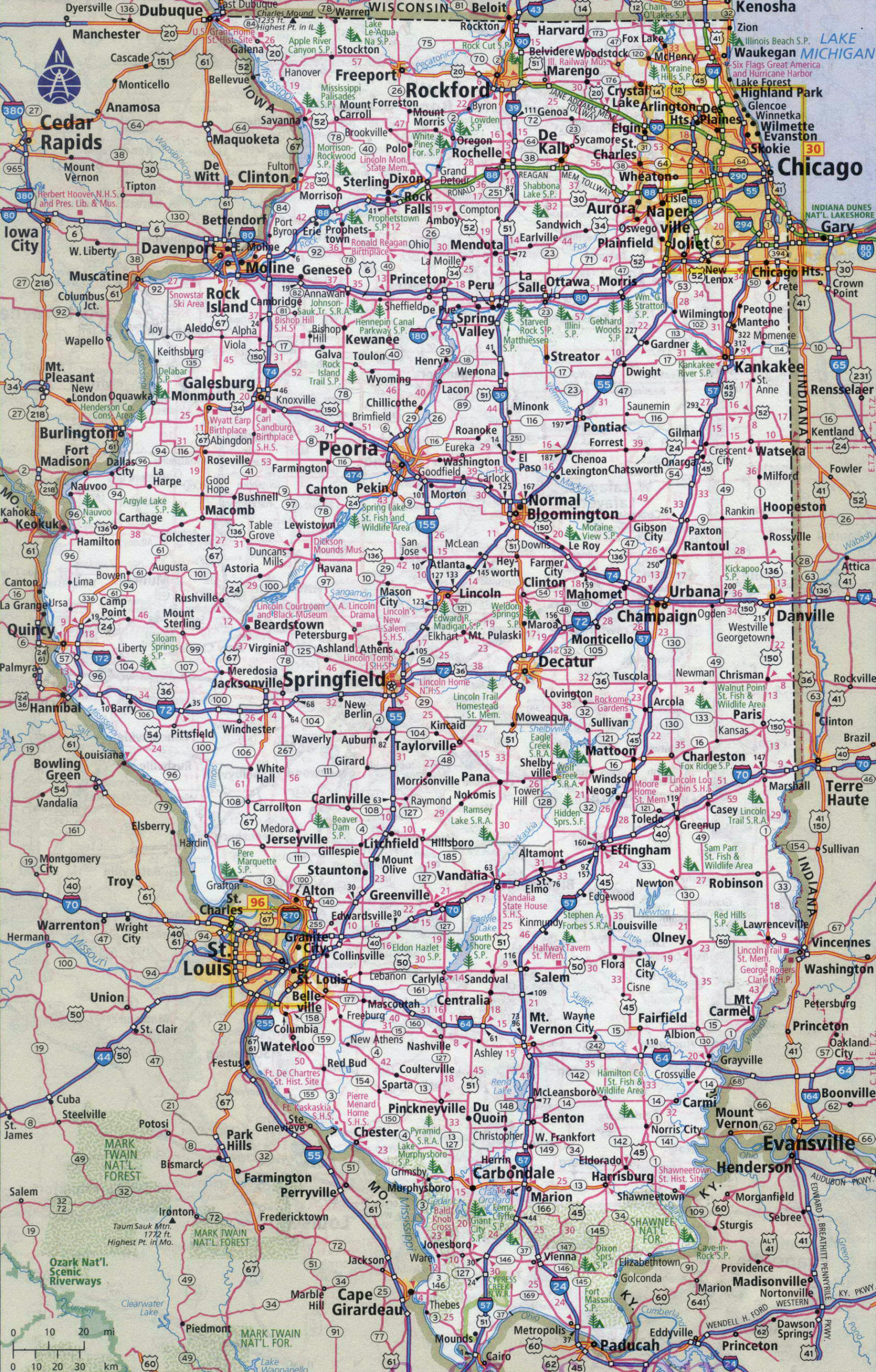 Large detailed roads and highways map of Illinois state with all