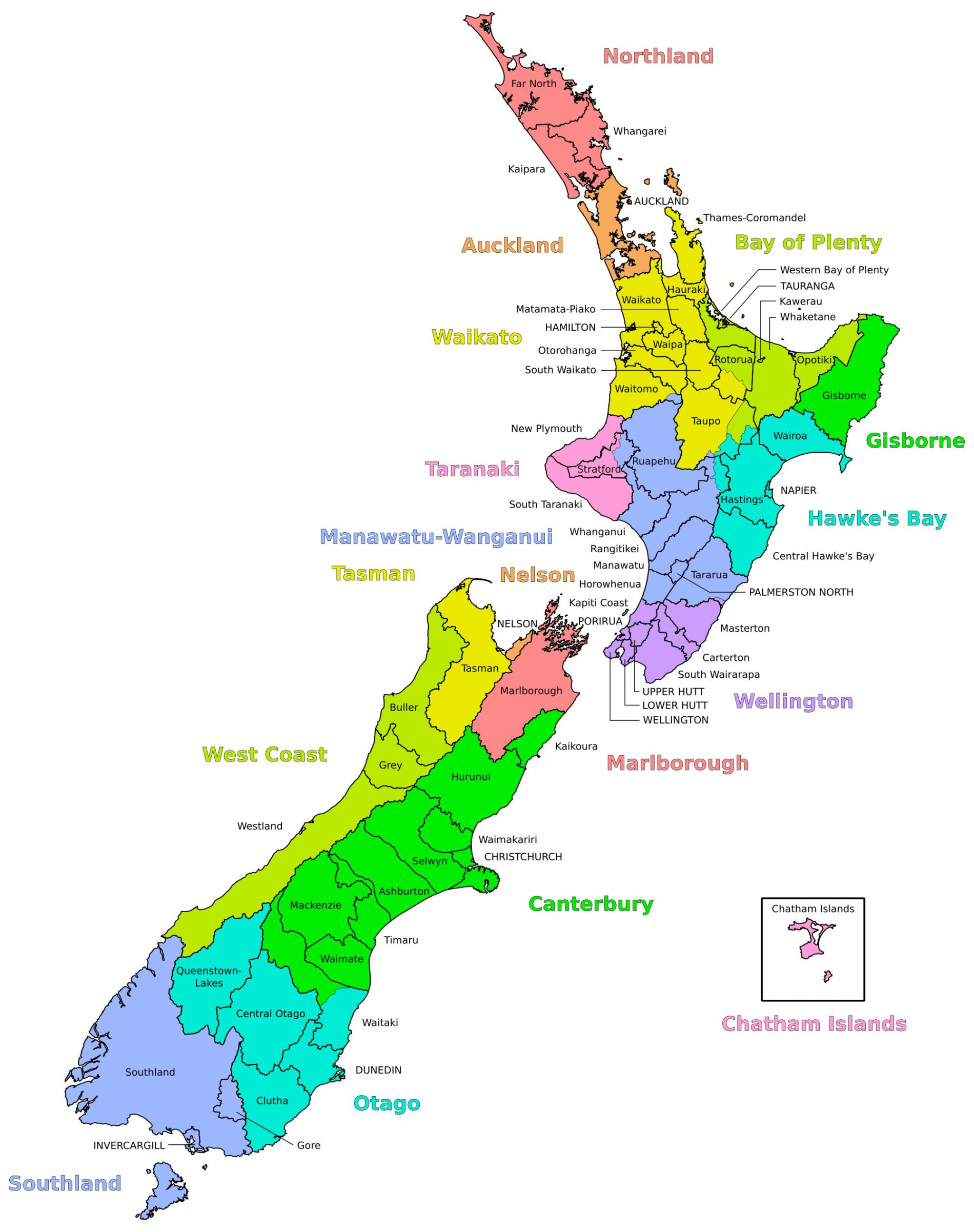 Map of New Zealand regions: political and state map of New Zealand