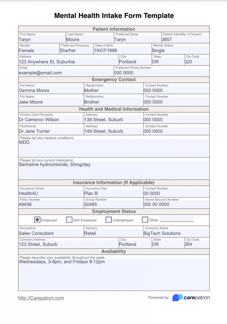 Mental Health Intake Form & Template  Free PDF Download