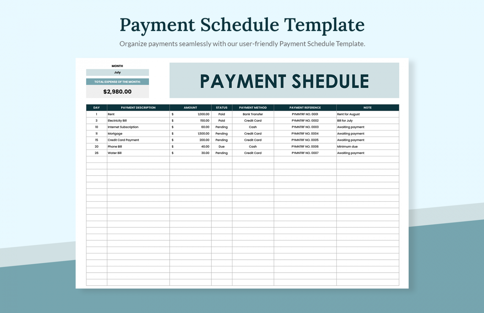 Payment Schedule Template - Download in Excel, Google Sheets