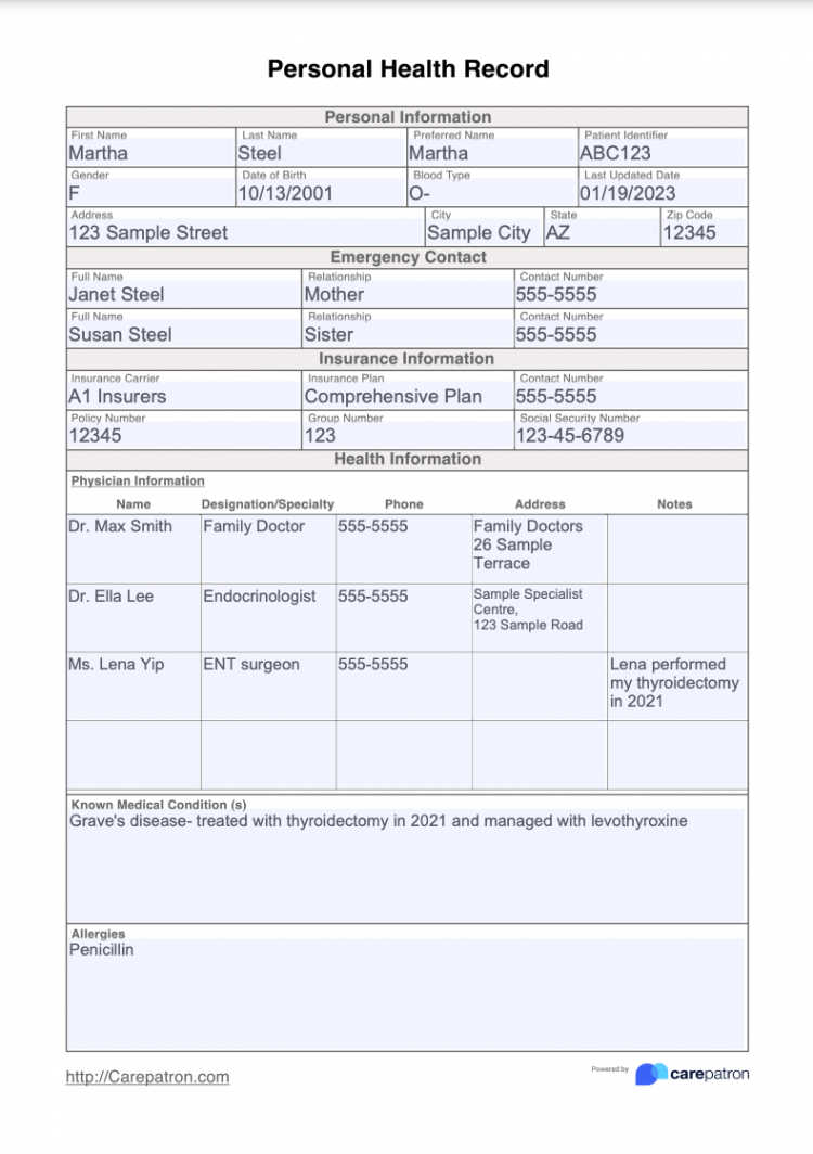 Personal Health Record Template & Example  Free PDF Download