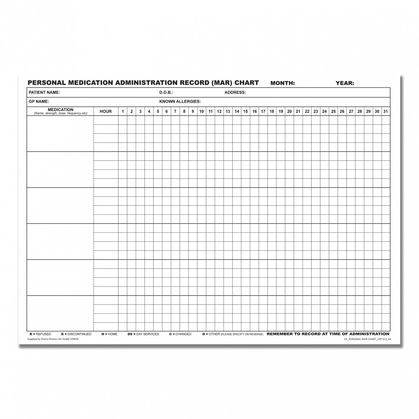 Personal MAR Chart (Medication Administration Record) Pad A