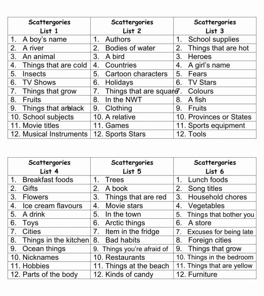 Printable+Scattergories+Lists+  Scattergories lists