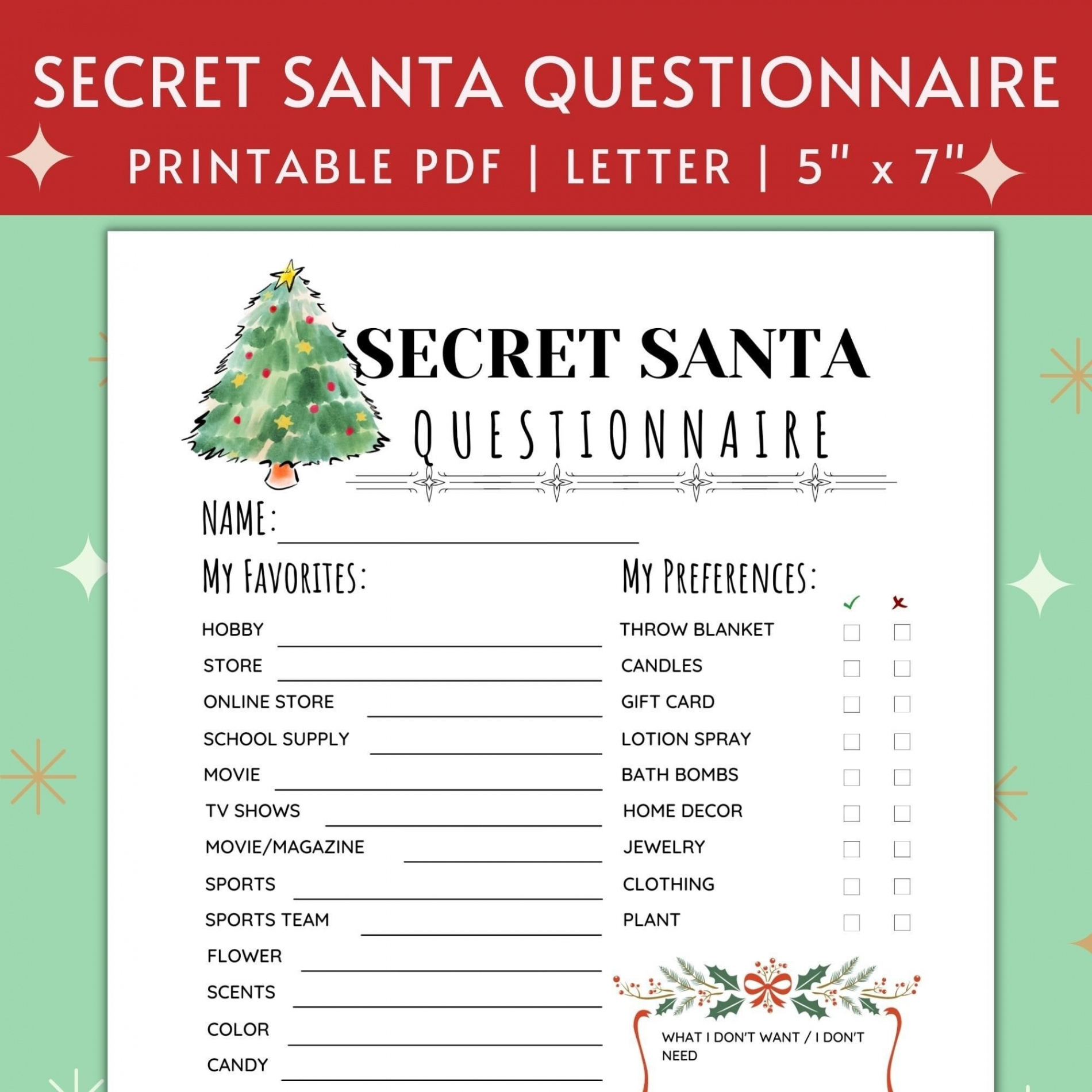 Printable Secret Santa Questionnaire for Christmas Gift - Etsy Finland