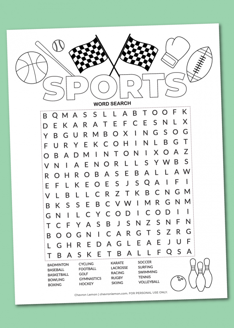 Printable sports word search puzzle - Chevron Lemon