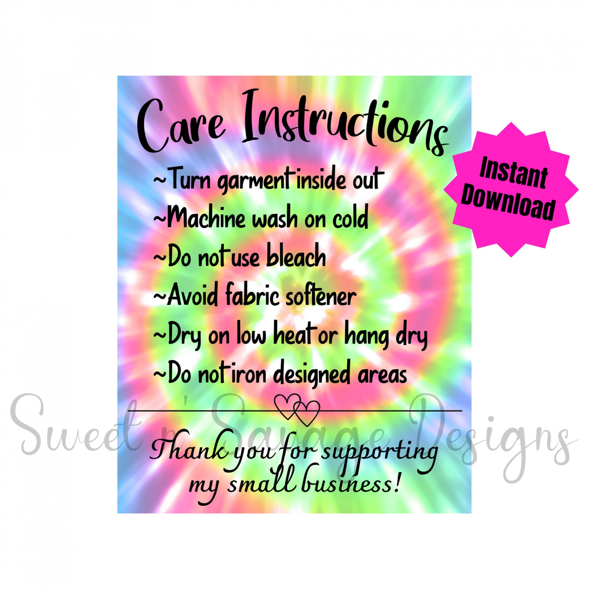 READY to PRINT Shirt Care Instructions Tie Dye Care Cards - Etsy