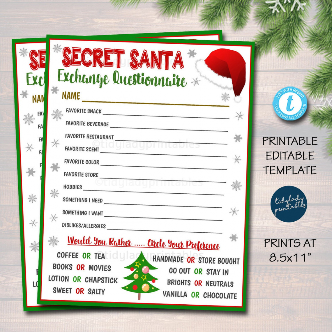 Secret Santa Gift Exchange Printable  Editable Template