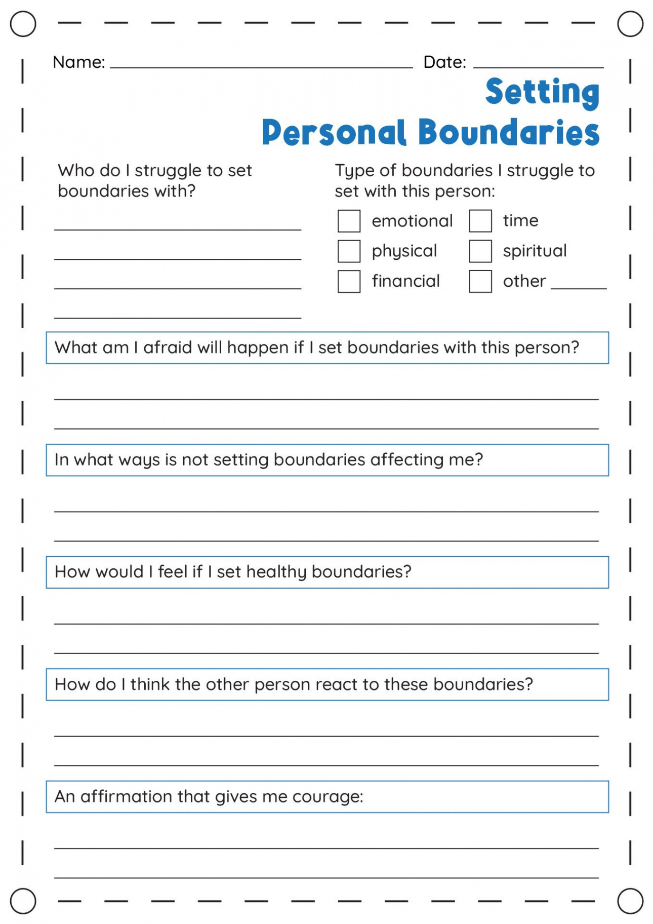 Setting Personal Boundaries Worksheets in   Boundaries