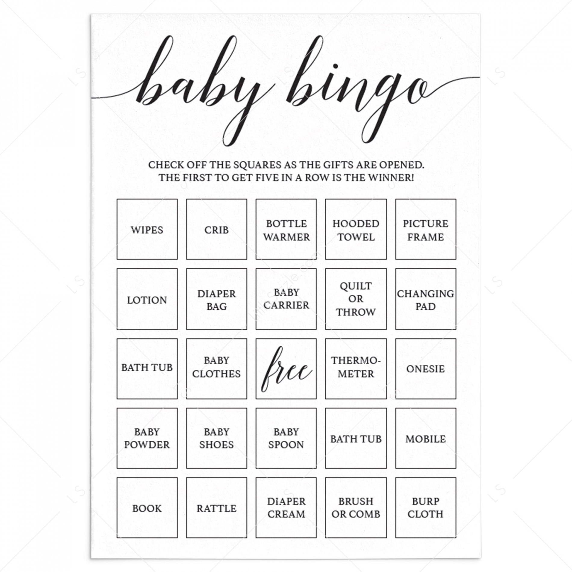 Simple baby shower Baby Bingo game Black and White printable