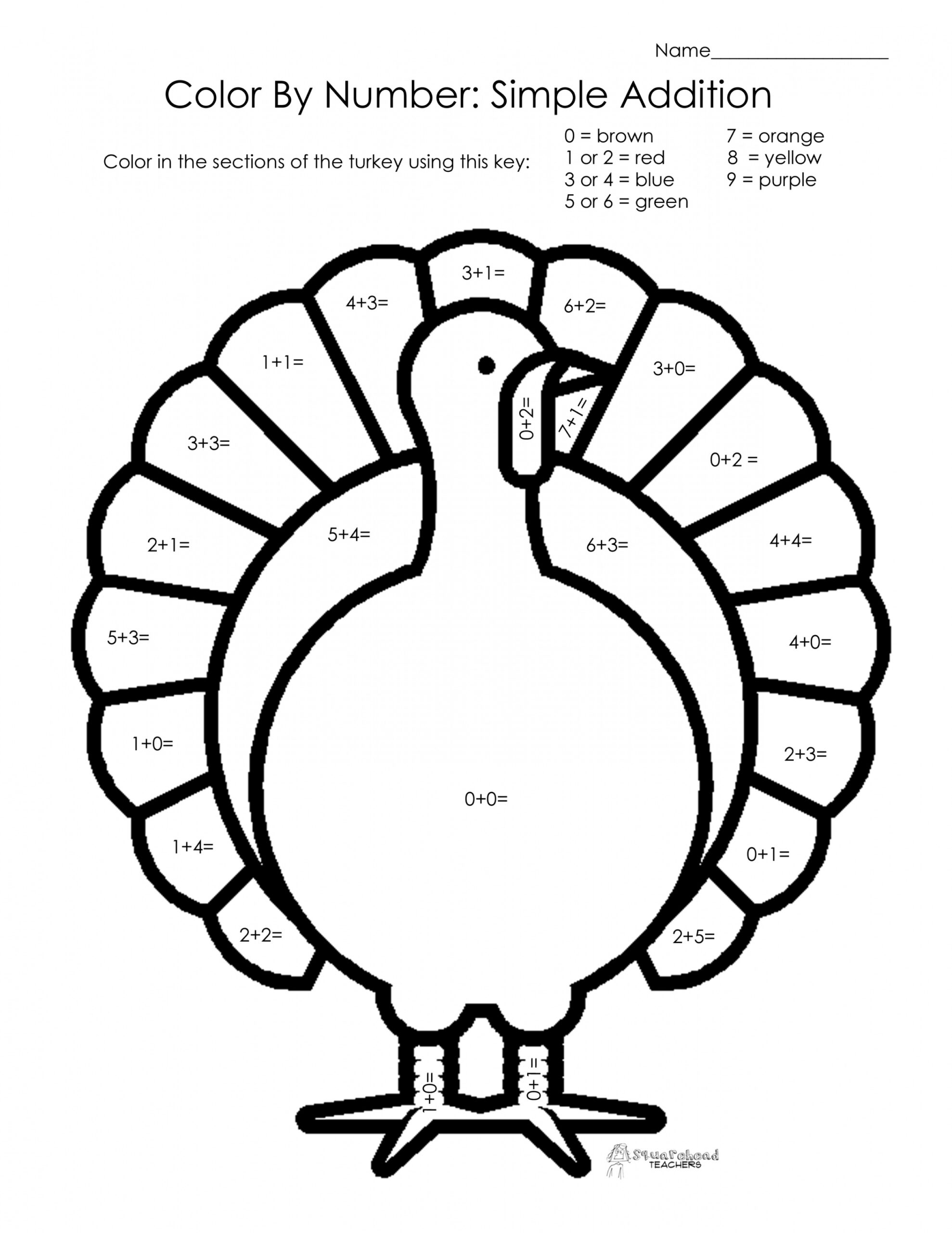 Thanksgiving Color By Number: Simple Addition  Squarehead Teachers