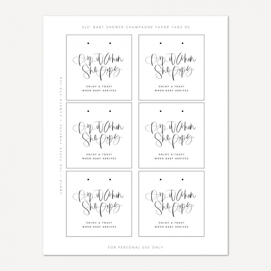 X "Pop It When She Pops" Champagne Baby Shower Tags  (Printable PDF) —  Amour & Ink Paper Company