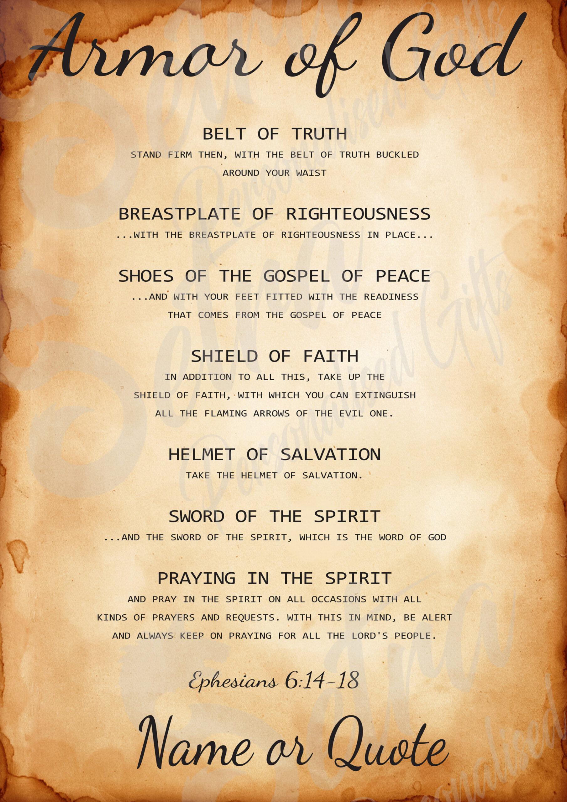 Armor of God Prayer Poster Personalised Digital Download the