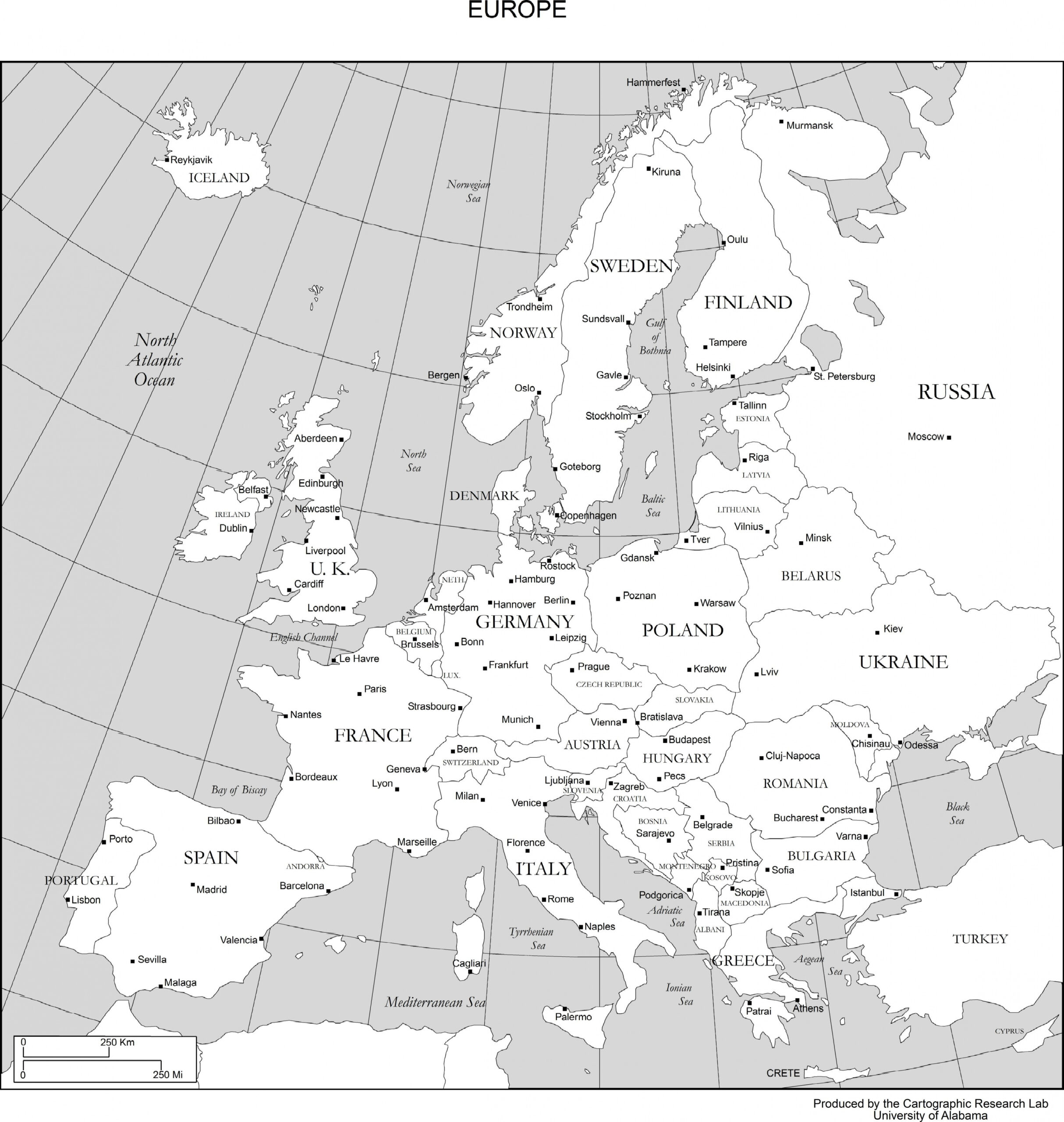 Black and White Europe Map with Countries  Europe map, World map