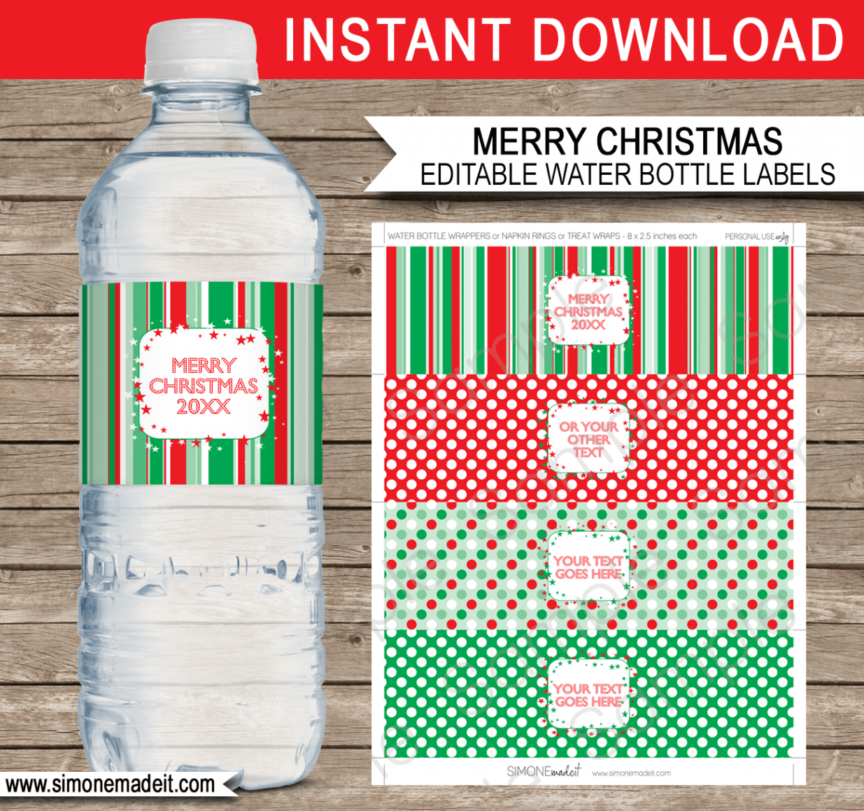 Christmas Water Bottle Labels template - red & green